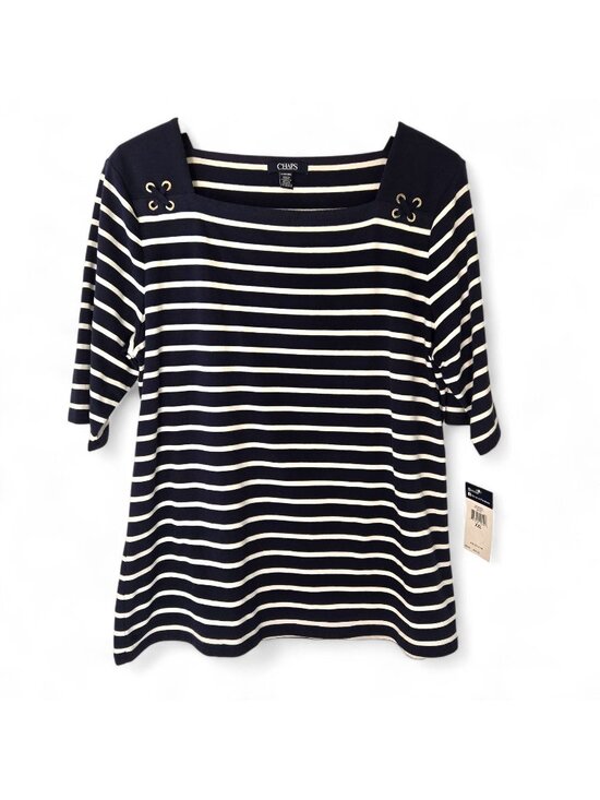 Chaps Tops - Chaps Womens Striped Navy & White Top Square Neck Grommet Details Size XXL